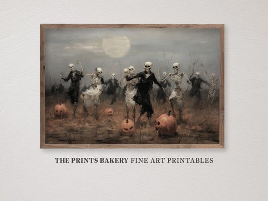 Discover PRINTABLE Halloween Wall Art, Skeleton Party in Haunted Pumpkin Field Print