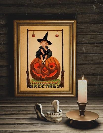 Halloween Vintage Young Witch Sitting on Pumpkin Art Print, Vintage Halloween