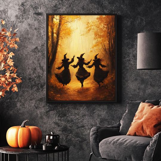 Discover Autumn Witch Painting Vintage Halloween Poster Whimsigoth Decor Dark Academia