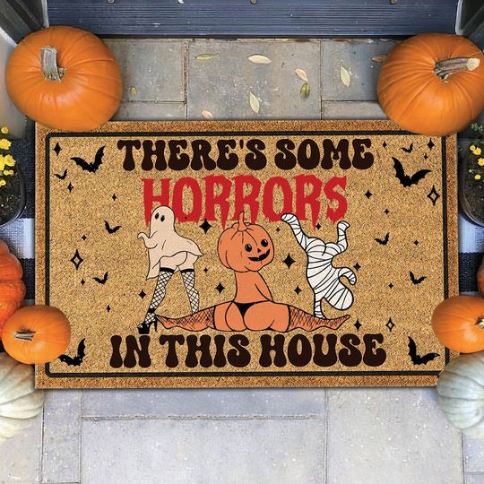 There's Some Horrors In This House Doormat, Funny Ghost Pumpkin Door Mat, Halloween Welcome Mat, Spooky Season Halloween Front Door Mat