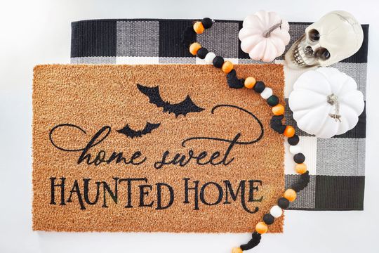 Discover Home Sweet Haunted Home Doormat | Halloween Welcome Mat | Haunted House Bats Fall Front Porch Outdoor Door Mat | Farmhouse Halloween Decor
