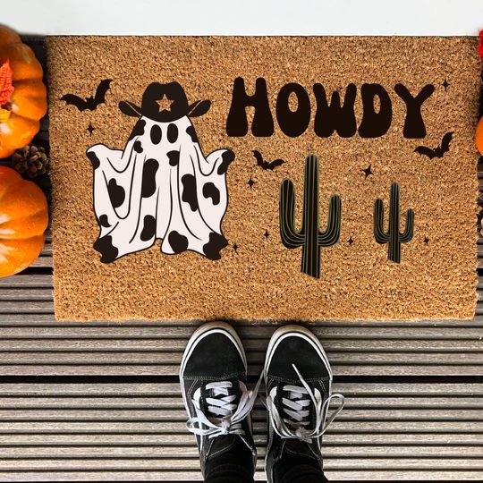 Discover Ghost Cowboy, Halloween Ghost & Bat Pattern, Halloween Doormat, Halloween Decor, Fall Decor, Welcome Mat, Housewarming Gift, Front Door Mat