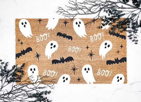 Discover Boo! Ghost & Bat Pattern Halloween Doormat, Halloween Decor, Fall Decor, Welcome Mat, Housewarming Gift, Front Door mat, Cute Outdoor Porch
