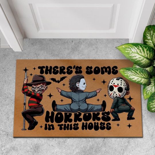 There's Some Horrors In This House Rubber Doormat, Funny Horror Characters Door Mat, Halloween Welcome Mat, Spooky Season Front Door Mat