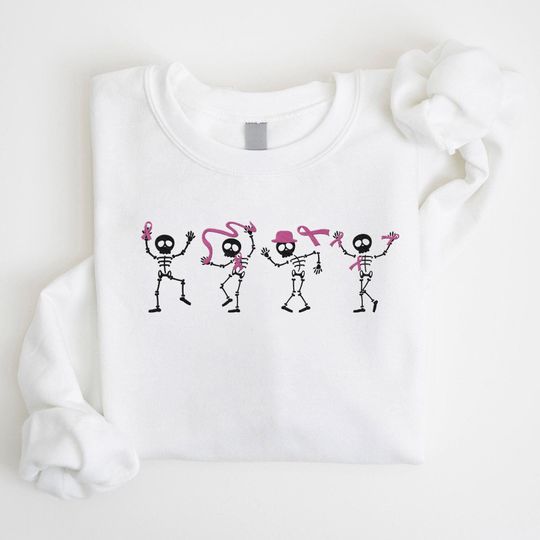 Discover Embroidered Dancing Skeletons Breast Cancer Crewneck Sweatshirt