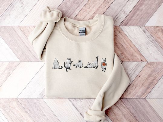 Discover Embroidered Cat Halloween Sweatshirt, Ghost Cat Shirt, Halloween Sweater