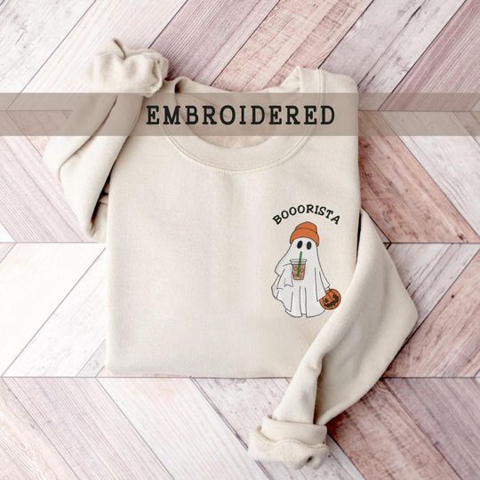 Discover Embroidered Little Ghost Ice Coffee Sweatshirt, Halloween Crewneck, Spooky Season