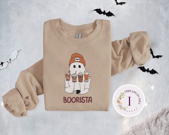 Discover Embroidered Ghost Iced Coffee, Halloween Pullover, Coffee Lovers Gift Crewneck