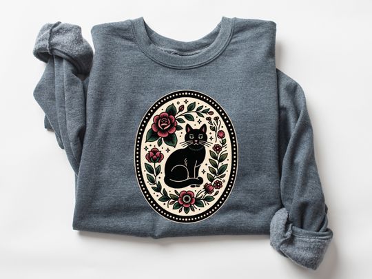 Discover Traditional Embroidery Style Black Cat Sweatshirt, Halloween Fall Spooky Season Shirt