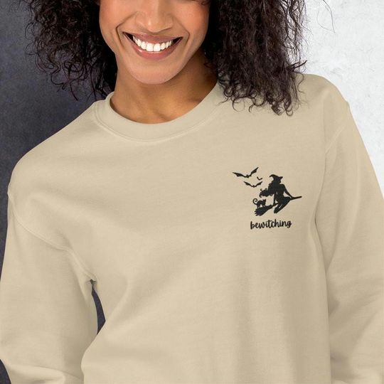 Halloween Witch Crewneck - Embroidered Black Cat & Bats Sweatshirt, Perfect Gift for Her