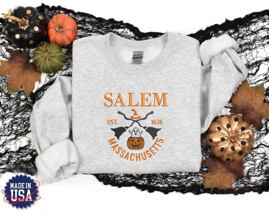 Salem Massachusetts Halloween Sweatshirt, Embroidered Ghost Pumpkin Sweatshirt