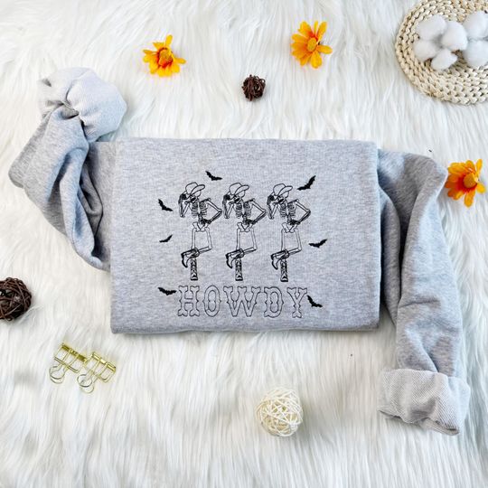 Howdy Skeleton Embroidered Sweatshirt,Embroidered Halloween Skeleton Sweatshirt