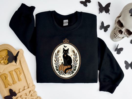 Cute Embroidery* Black Cat Pumpkin, Vintage Embroidered Style Black Cat Halloween