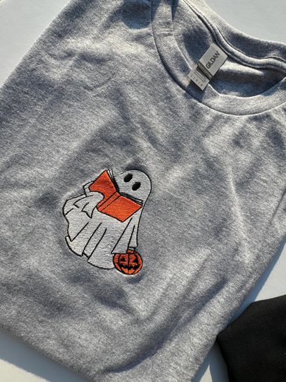 Discover Ghost Embroidered Sweatshirt, Little Ghost Reading Shirt, Halloween Sweatshirt