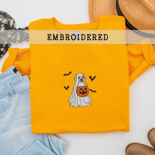 Discover Embroidered Ghost Dog Halloween Sweatshirt, Halloween Ghost Unisex