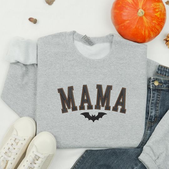 Discover Halloween Mama Sweatshirt, Embroidered Mama Bat Shirt, Varsity Mama Halloween