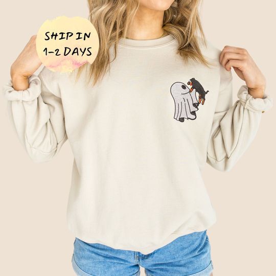 Discover Ghost Embroidery Halloween Sweatshirt, Halloween Sweatshirt, Spooky Season