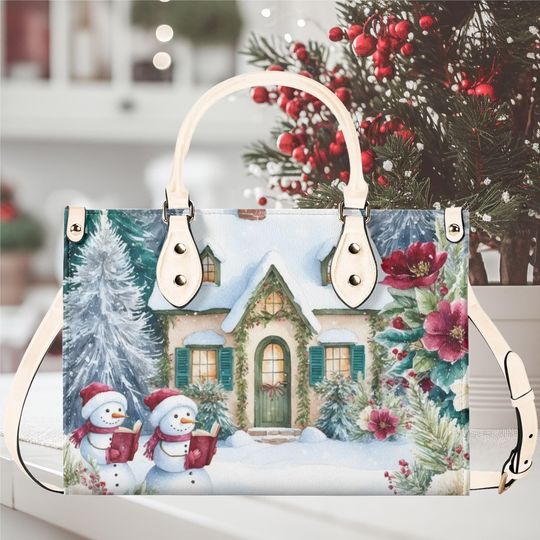 Luxury Women vegan leather Handbag tote bag, Christmas Holiday Snow men reading books floral flower fall winter season design
