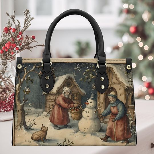 Handbag shoulder bag purse tote Vegan leather Holiday cute fun Christmas Holiday old town retro fall winter snowman season design no strap