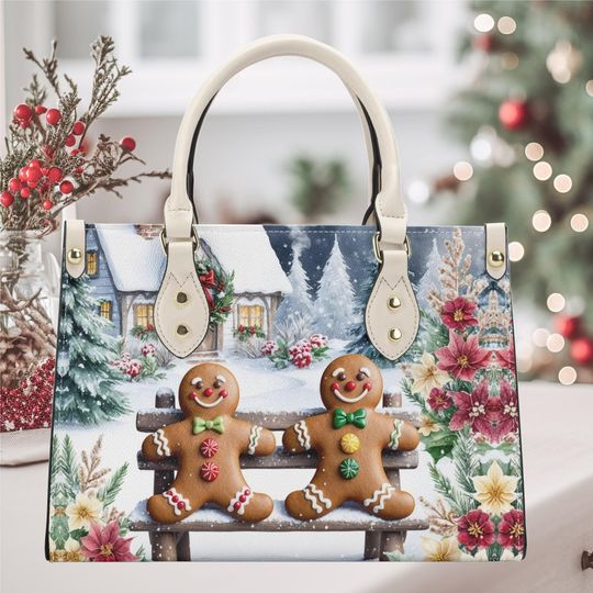 Handbag shoulder bag purse tote Vegan leather Christmas cute fun Gingerbread men and farmhouse Holiday fall winter season design