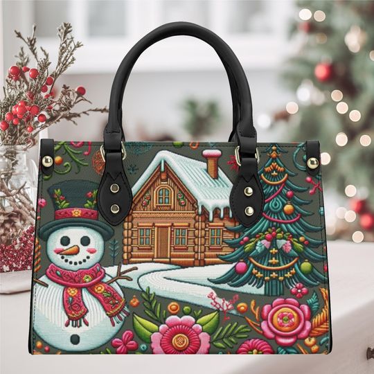 Handbag shoulder bag purse tote Vegan leather Christmas Holiday cute fun fall winter Snowman whimsical cottage core season flat design