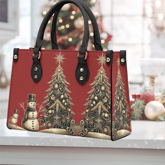Discover Handbag shoulder bag purse tote Vegan leather Christmas Holiday snowmen gold glittery Christmas tree fall winter season cute fun