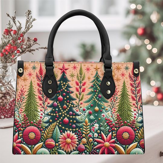 Handbag shoulder bag purse tote Vegan leather Christmas Tree Holiday cute fun, cottage core floral flower winter season design