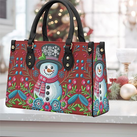 Discover Handbag shoulder bag purse tote Vegan leather Christmas Holiday Snow man scarf floral flower fall winter season design