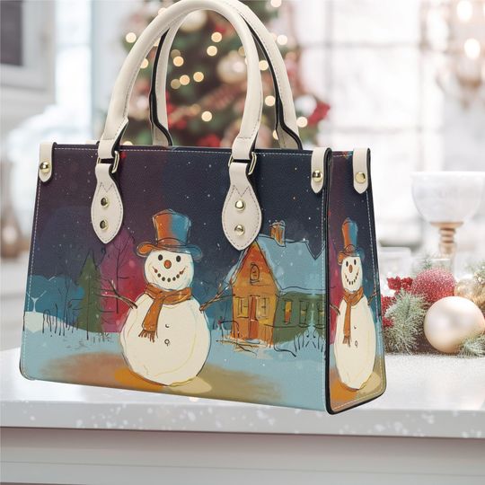 Handbag shoulder bag purse tote Vegan leather Christmas Holiday cute fun snowman  house Christmas trees tote