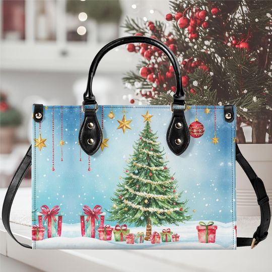 Luxury Women vegan leather Handbag tote  bag, Christmas Tree and presents Holiday fall winter season design