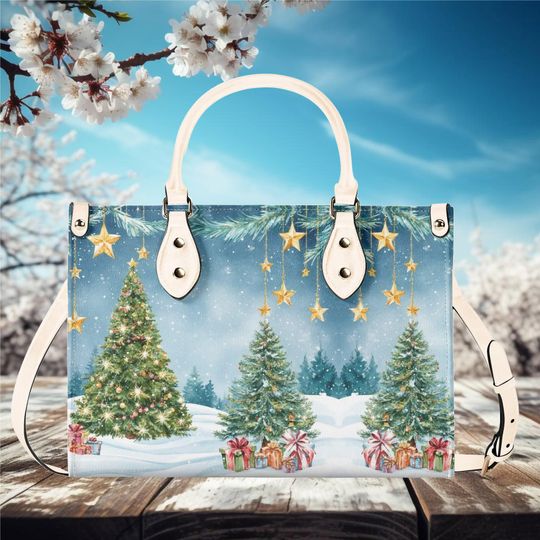 Discover Luxury Women vegan leather Handbag tote  bag, Christmas Tree and presents Holiday gold star fall winter season design