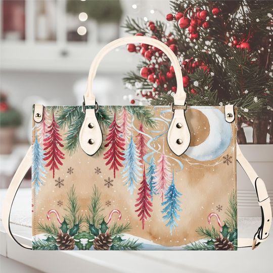 Luxury Women vegan leather Handbag tote  bag, Christmas Holiday fall winter holly pinecone candy cane season design