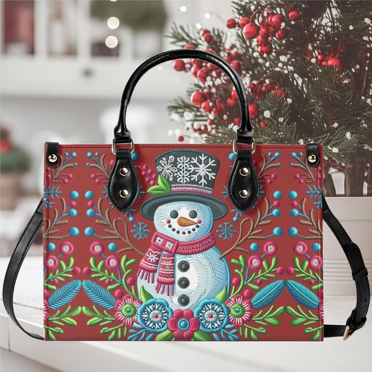 Discover Luxury Women vegan leather Handbag tote  bag, Christmas Holiday Snow man scarf floral flower winter season design