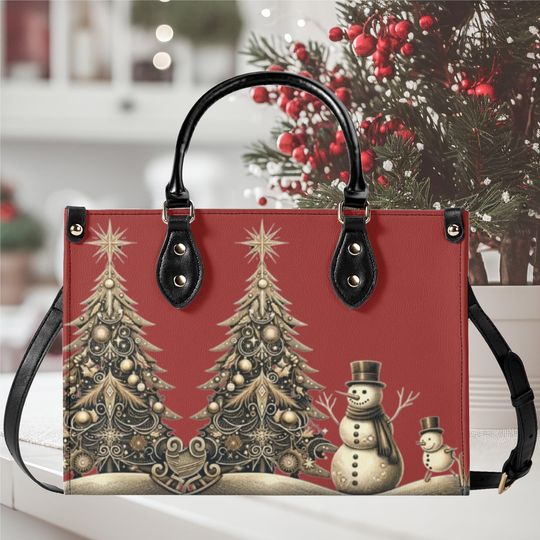 Discover Luxury Women vegan leather Handbag tote  bag, Christmas Holiday snowmen gold glittery Christmas tree fall winter season design