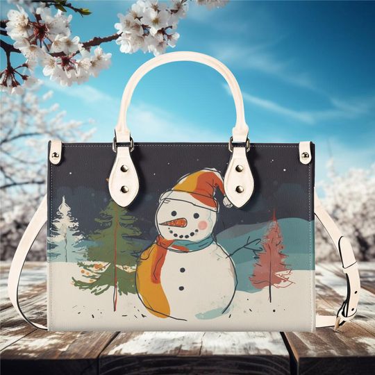 Luxury Women vegan leather Handbag tote  bag, Christmas trees Holiday fall winter Snowman whimsical season design