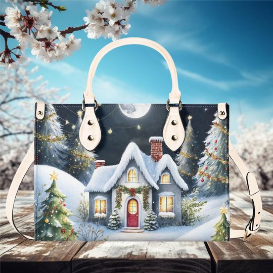 Luxury Women vegan leather Handbag tote  bag, Christmas Holiday farmhouse fall winter season tree design
