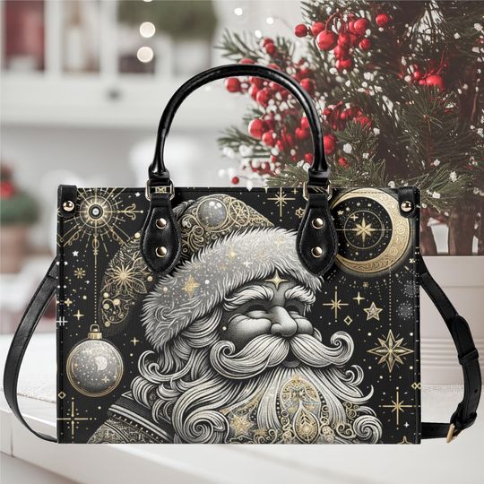 Luxury Women vegan leather Handbag tote  bag, Christmas Holiday fall silver glittery gold Santa Claus magical winter season design