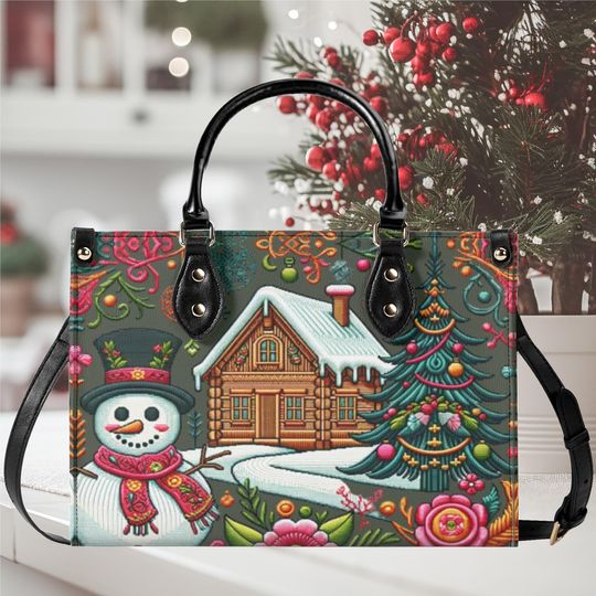 Luxury Women vegan leather Handbag tote  bag, Christmas Holiday fall winter Snowman whimsical cottage core season flat design