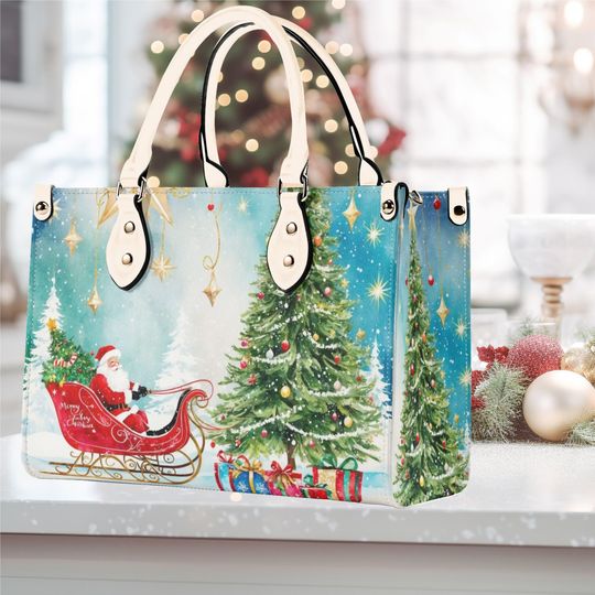 Discover Luxury Women vegan leather Handbag tote  bag, Christmas Tree and presents Holiday fall winter season design