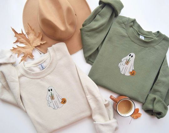 Discover Ghost with Coffee Embroidered Sweatshirt, Halloween Embroidered Sweatshirt