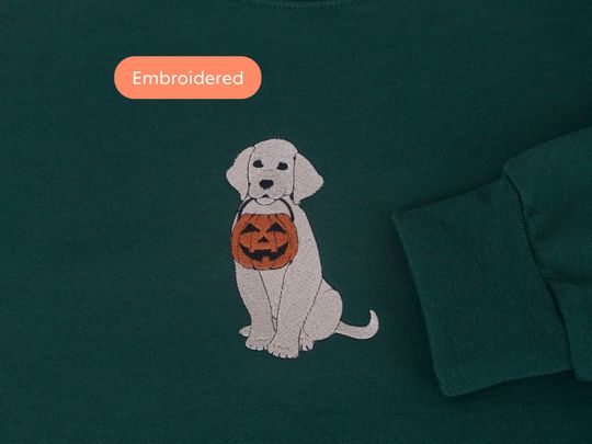 Discover Embroidered Halloween Dog With Pumpkin Sweatshirt, Embroidered Adult Crew Neck