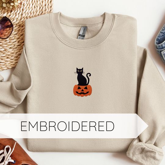 Halloween Embroidered Sweatshirt | Black Cat Pumpkin Halloween Embroidery Design
