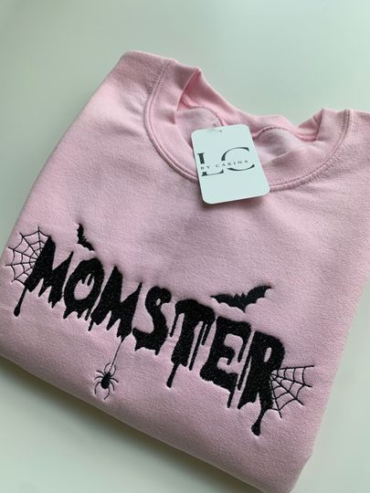 Discover MOMSTER Embroidered Pink Sweatshirt | Cute Halloween Mom Shirt