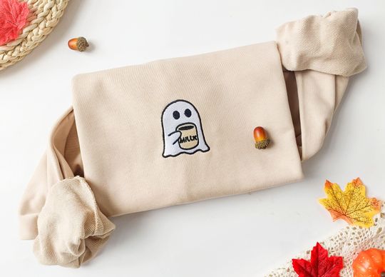 Discover Halloween Little Ghost Embroidered Sweatshirt,Spooky Season Sweater