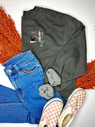 Skeleton Witch Halloween Embroidered Crewneck Sweatshirt