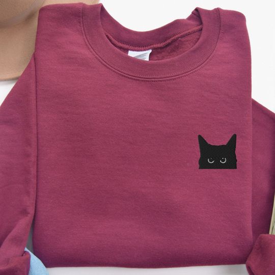 Embroidered Black Cat Halloween Sweatshirt, Embroidered Cat Peeking