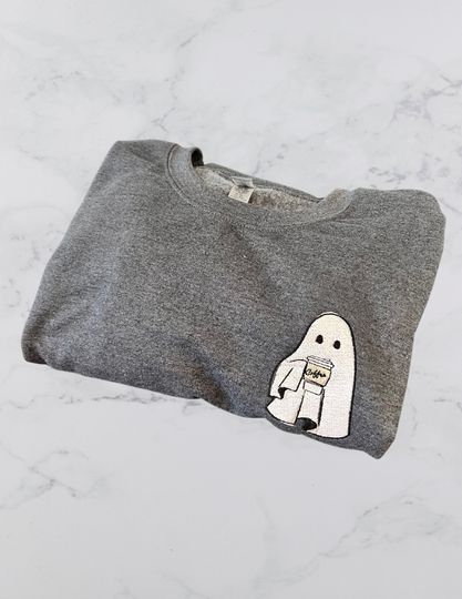 Discover Ghost With Coffee Sweatshirt, Fall Coffee Sweatshirt, Ghost Embroidered Sweatshirt