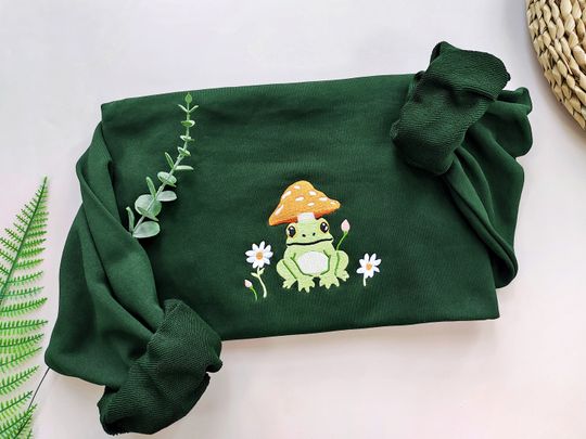 Discover Frog And Daisy Embroidered Sweatshirt,Trendy Sweatshirt,Mushroom Crewneck Sweatshirt