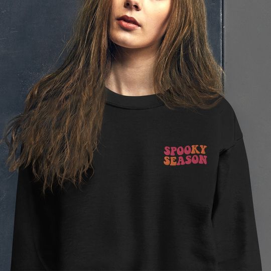 Discover Halloween Sweatshirt Embroidered, Spooky Season Fall Graphic Crewneck Fleece Cotton