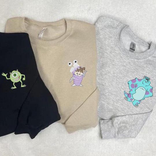 Discover Disney Monsters Inc. Sully, Mike, Boo Embroidered Crewneck Unisex Sweatshirt
